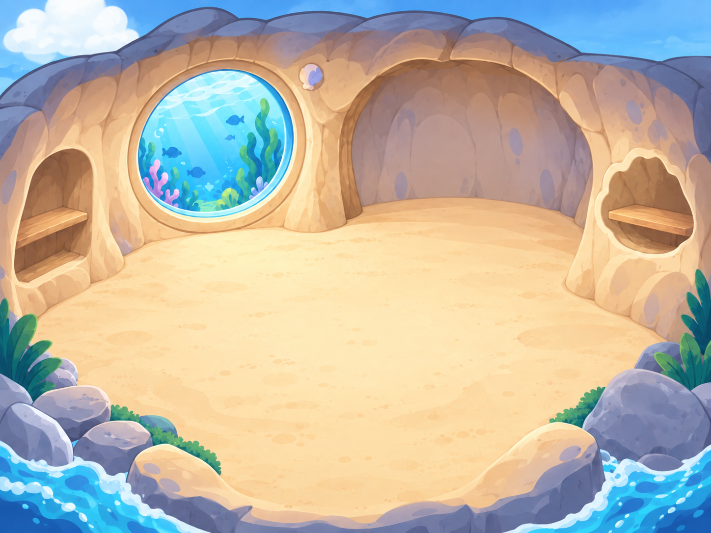 A sandy cove room with a round ocean window